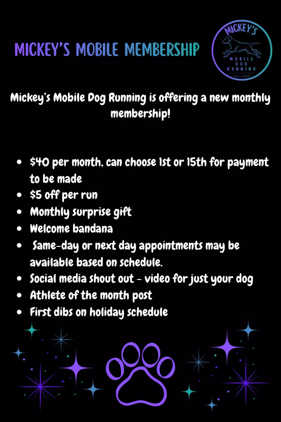 Mickey's Mobile Dog Running membership program flyer — tap for details and to sign up
